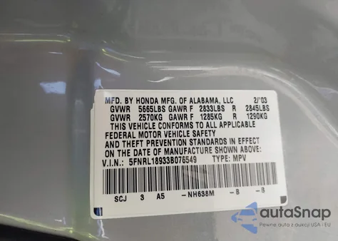 2003 Honda Odyssey Ex-L z USA, uszkodzony, nr VIN 5FNRL18933B076549